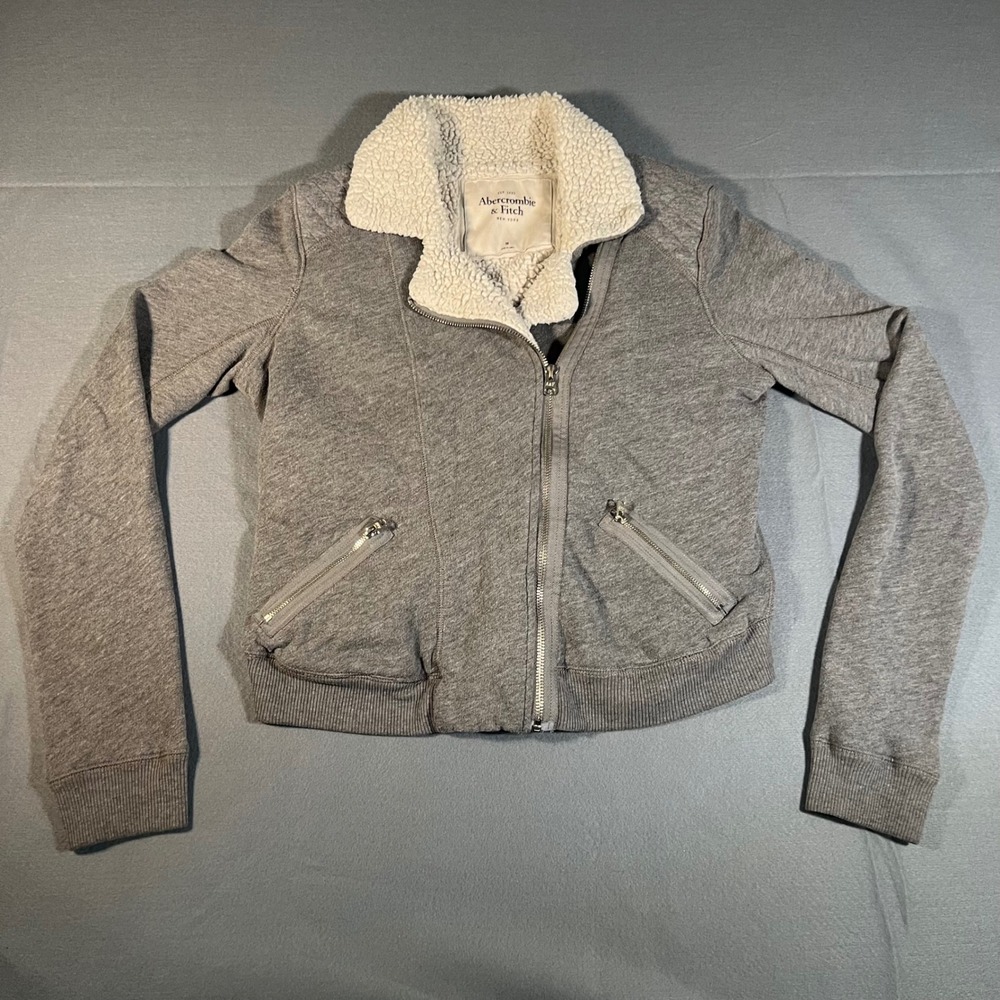 Abercrombie & Fitch Womens Gray Moto Jacket Full‎ Zip Sherpa Collar Medium
